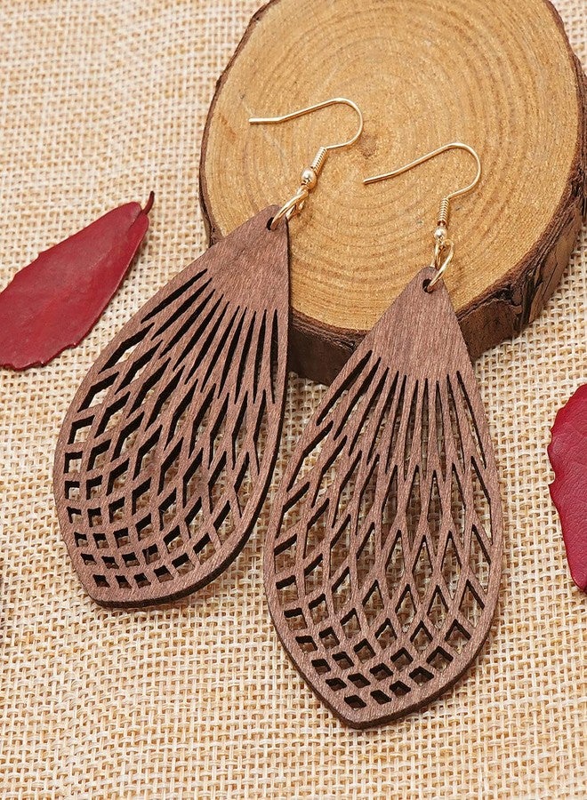 Wovanoo Wood Earrings for Women Natural Wooden Teardrop Drop Dangle Earring Small Flower Brown - Image 5